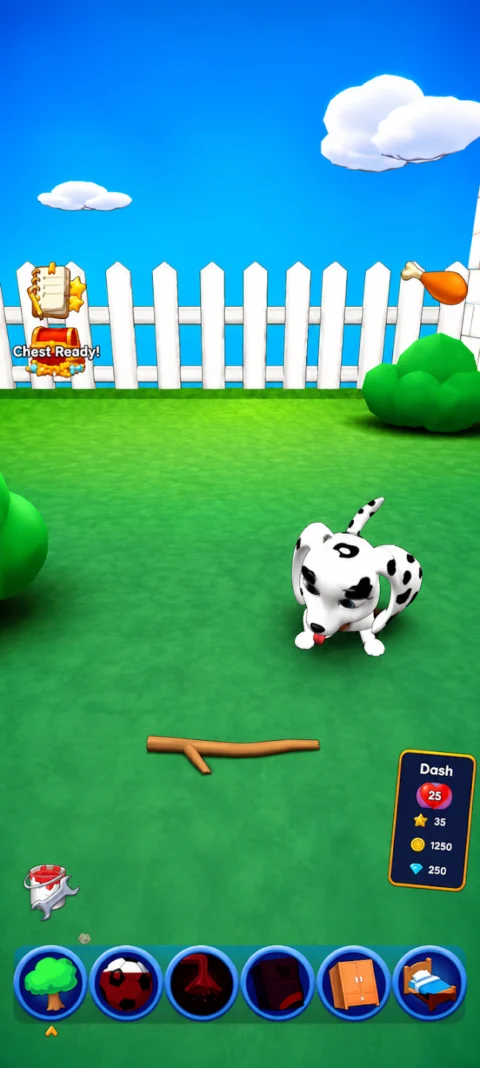 Dash the virtual pet dog plays fetch with a stick in the back garden.