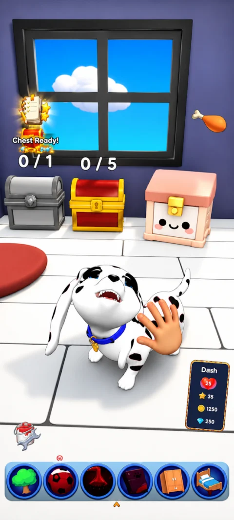 The customisable on-screen hand pets Dash beside treasure chests in the house.