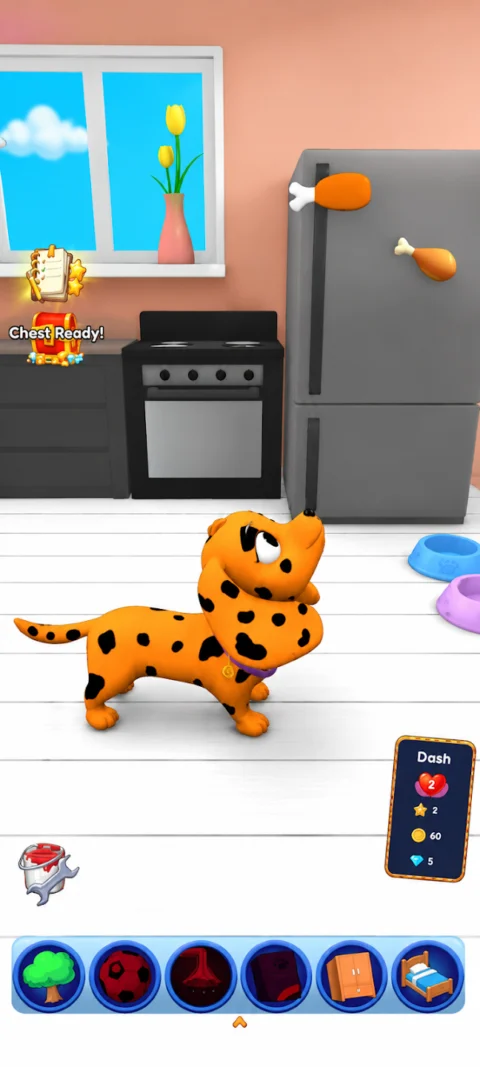 Two orange and black customised virtual dachshunds stand in the game kitchen.