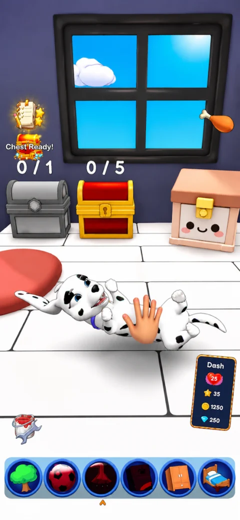 A player pets Dash with an interactive on-screen hand inside the virtual pet house.