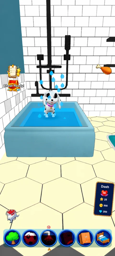 Dash the virtual dachshund receives a wash in the automated bathroom shower.